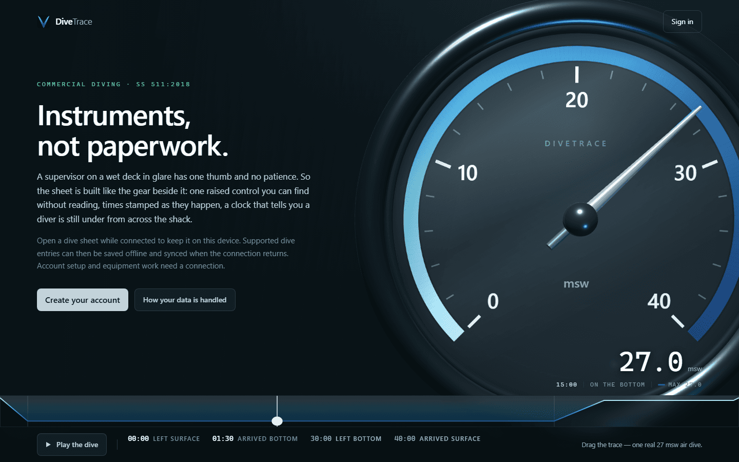 DiveTrace public homepage showing a live depth gauge, elapsed dive time, and operational timeline